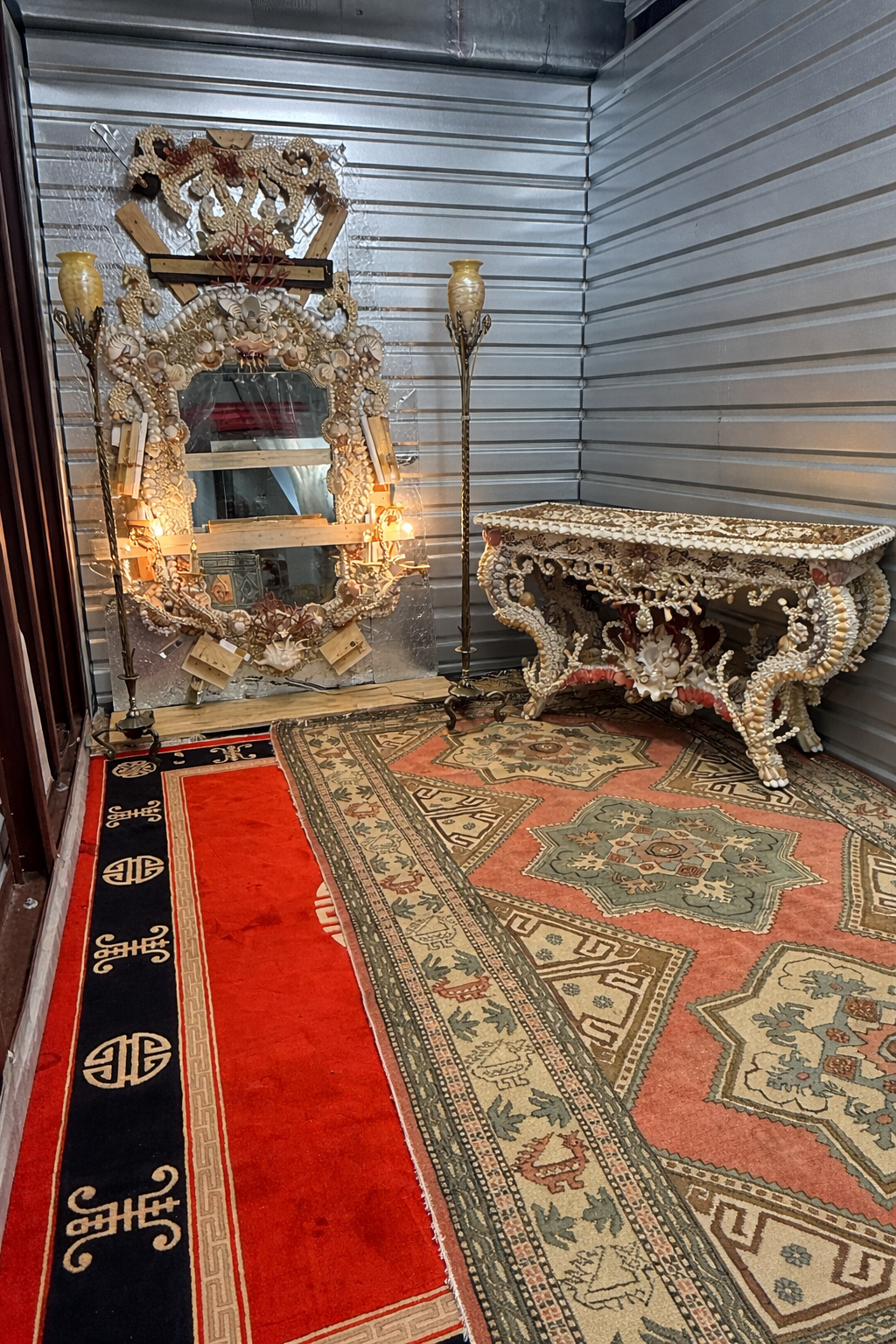 Shell Mirror, Console & Oriental Rugs